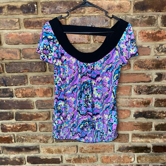AB Studio Purple Printed Smocked Open Keyhole Back Blouse Women's Size Small - Picture 1 of 6
